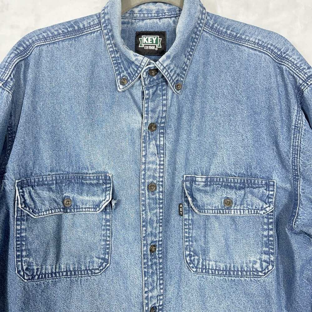 Key Denim Shirt Mens Large Tall Blue Long Sleeve Button Front Western Cowboy - Picture 5 of 12